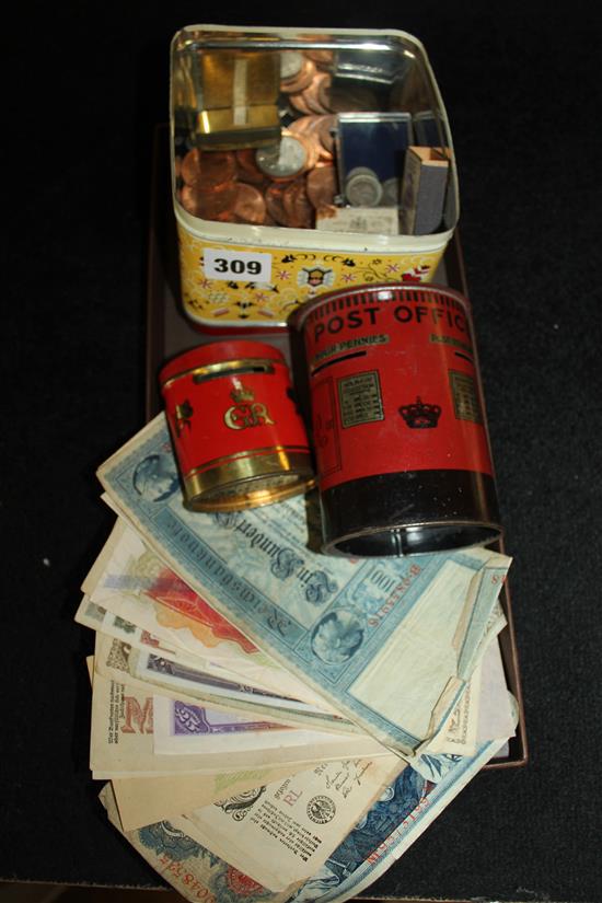 Qty of paper money, coinage & money boxes